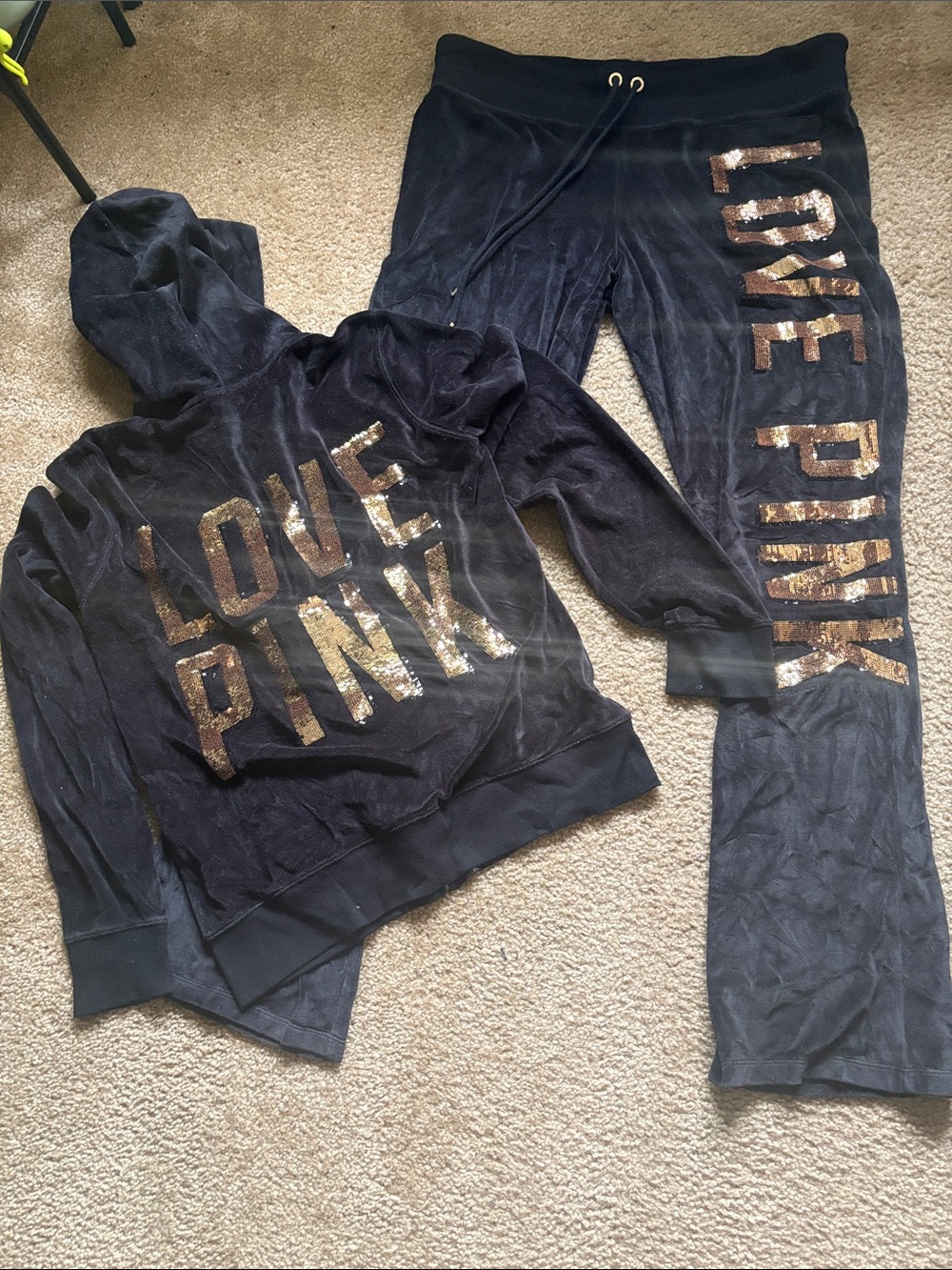 PINK Victoria's Secret Navy Velour Hoodie & Joggers with Gold Sequin "LOVE PINK"